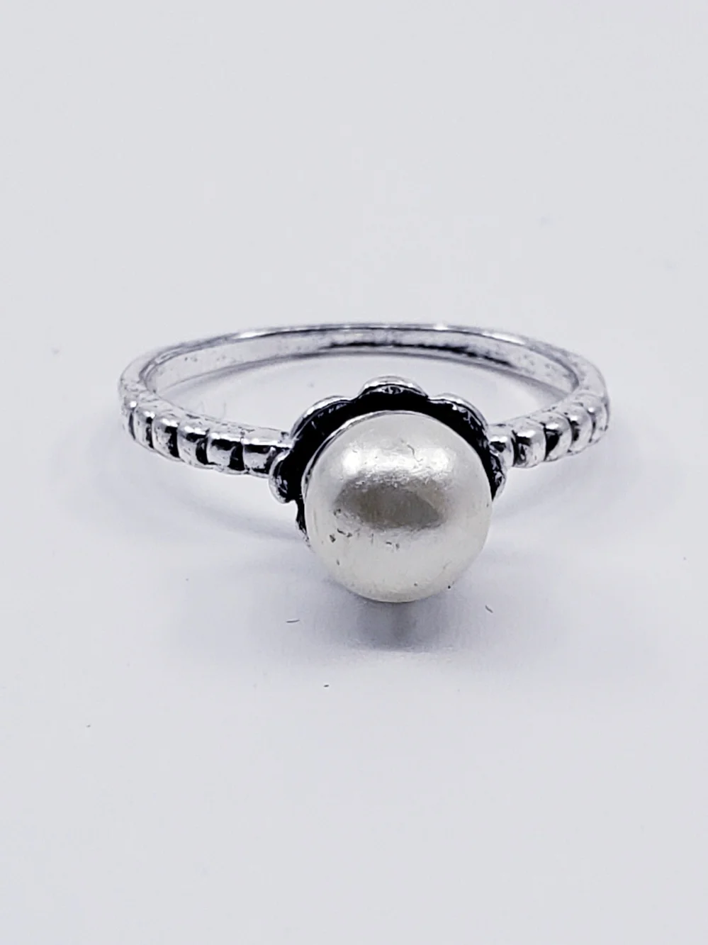 Classic (Daintier) White Pearl Ring with Beaded Silver Band Sz 7.25